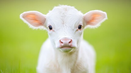 Obraz premium A close-up of a pedigree calf's face, its soft eyes staring into the camera, with a blurred green pasture in the background.