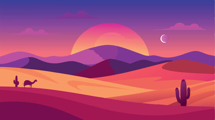 Desert Dunes at Twilight - Rolling Sand Dunes with Vibrant Sky and Camel Silhouette