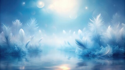 Serene Waters Reflecting a Dreamlike Scene of Soft, White Feathers in a Misty, Blue Landscape