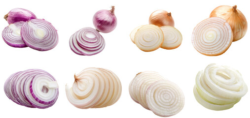 Collection of various sliced and whole onions, including red, white, and yellow onions isolated on white transparent background PNG set