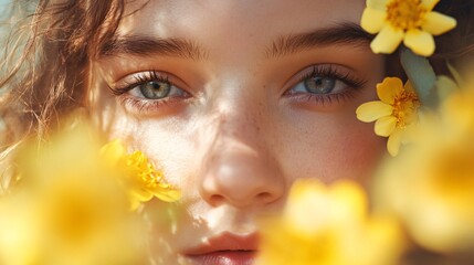Fototapeta premium Young woman with blue eyes and freckles surrounded by yellow flowers