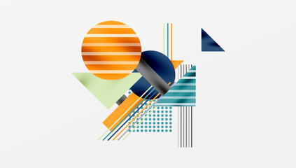 Geometric Abstract Background with Bold Shapes and Contrasting Colors. Circles, triangles, squares and lines with shadow effect