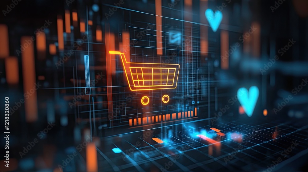Poster a glowing bar graph with a shopping cart icon and floating metrics symbolizing e-commerce growth tre