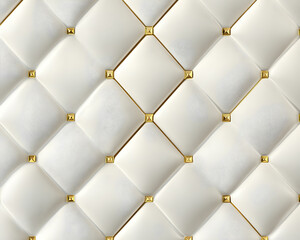 A seamless 3D wallpaper with 3D soft geometry tiles made from white leather decorated with gold stripes and rhombuses