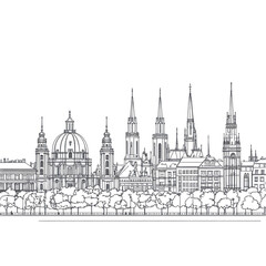 Fototapeta premium Elegant City Skyline Architectural Sketch Dark Monochrome Night View,