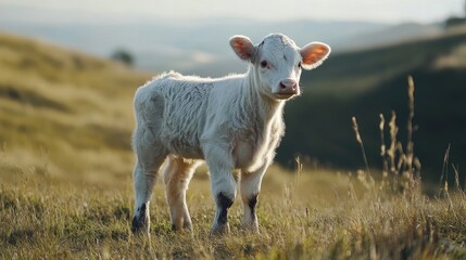 Fototapeta premium A pedigree calf in profile, standing tall on a grassy hill, with natural light highlighting its fine features.