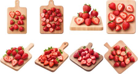 Collection of various Fresh strawberries being sliced on a wooden cutting board isolated on white transparent background PNG set
