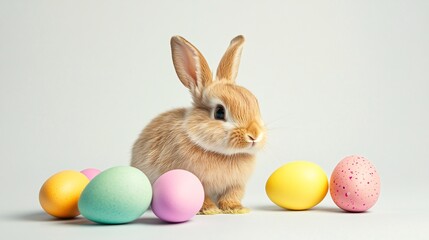 Easter bunny sitting near colorful painted eggs on white background