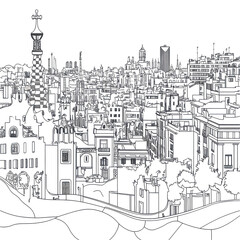 Fototapeta premium Barcelona Cityscape Sketch Black and White Architecture Drawing