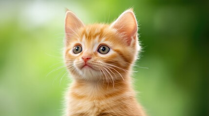 Obraz premium A tiny kitten looking curiously at the camera, with soft fur and a blurred background.