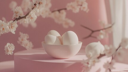 White eggs in bowl with spring flowers blooming on pink background