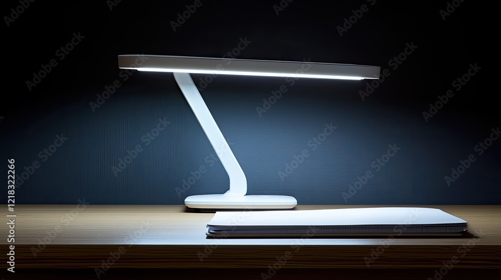Poster close-up of a minimalist desk lamp illuminating a blank notebook on a clean wooden desk for startup 