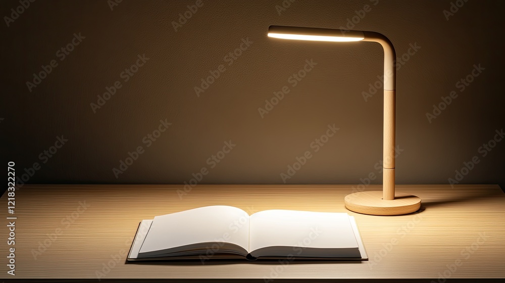 Poster close-up of a minimalist desk lamp illuminating a blank notebook on a clean wooden desk for startup 