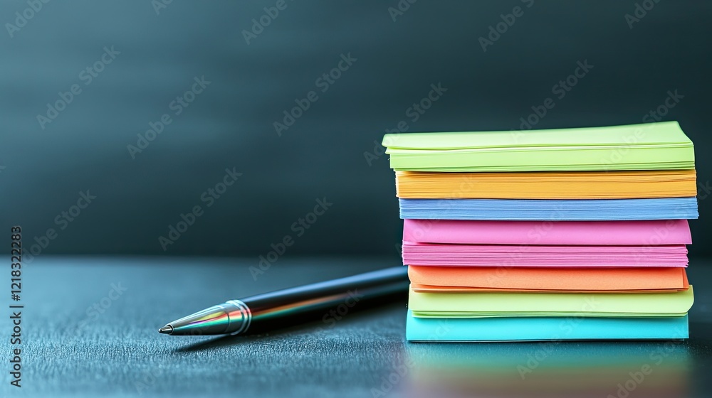 Poster close-up of a stack of colorful sticky notes and a pen on a clean desk, representing brainstorming a