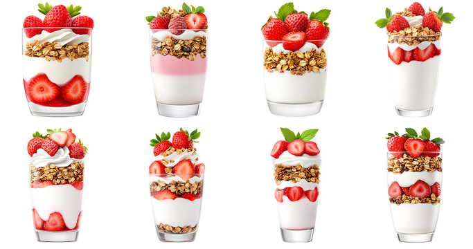 Collection of various Strawberry and yogurt parfait layered with granola isolated on white transparent background PNG set