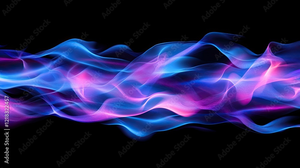 Poster digital waveforms glowing in neon colors, over a high-contrast black and blue background, symbolizin