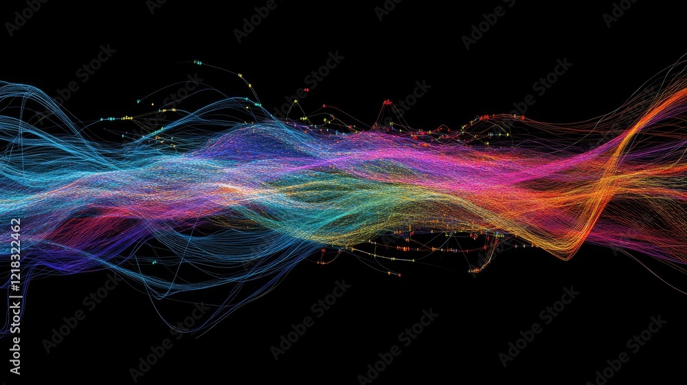 Poster dynamic streaks of colored light crossing a dark surface, symbolizing data flow and innovation.