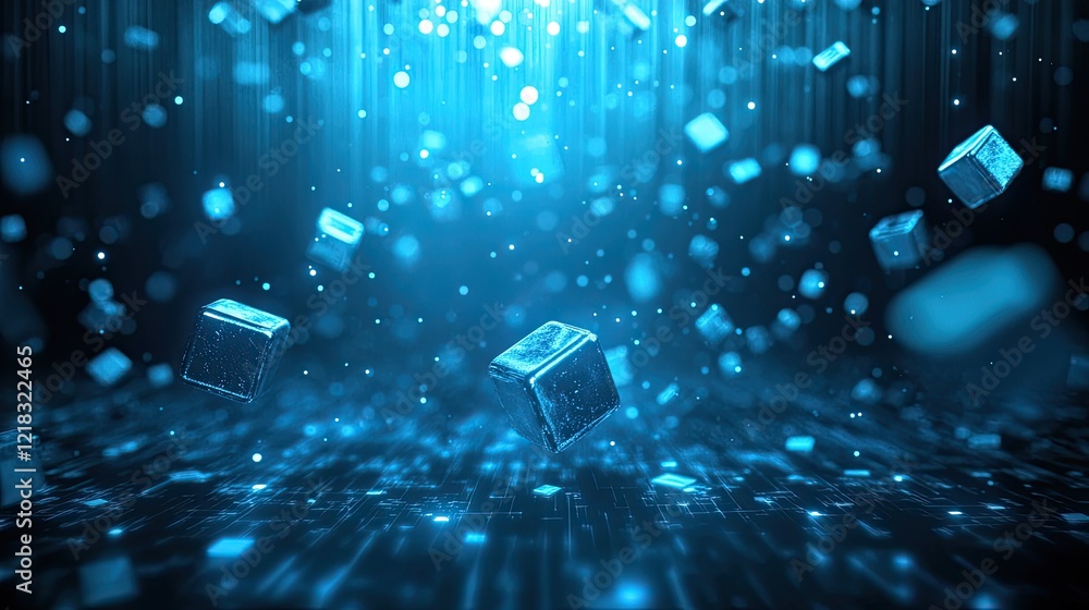Poster floating virtual icons symbolizing tech concepts in glowing blue tones over a modern digital backgro