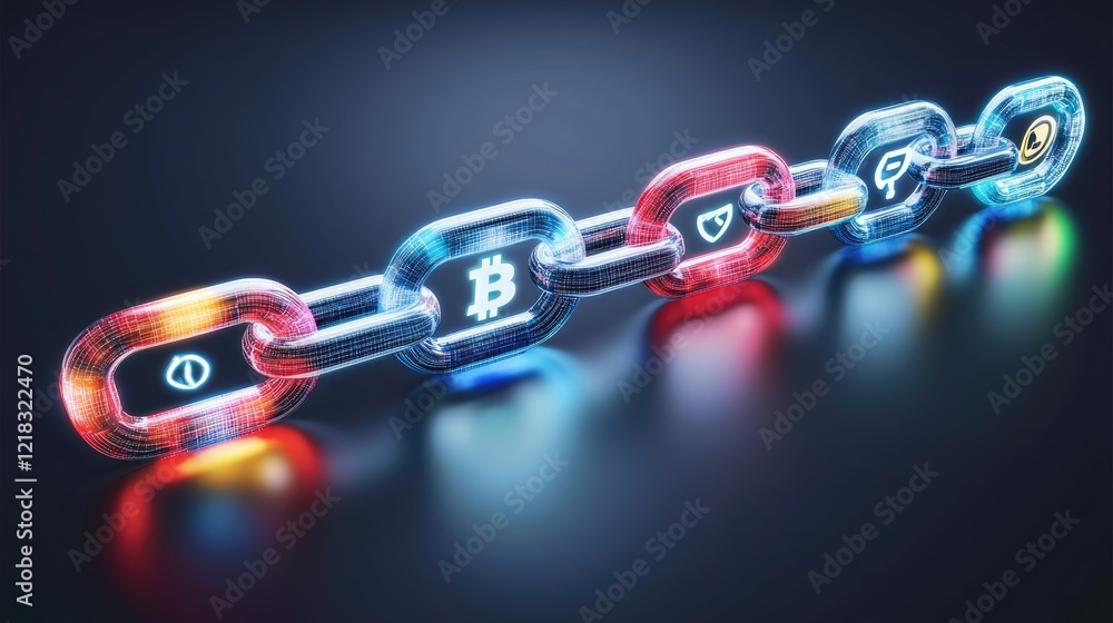 Poster glowing blockchain networks with floating financial icons, symbolizing secure transactions.