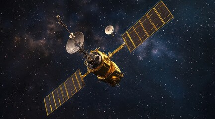 Naklejka premium a satellite in orbit over the Earth, a space station, and a starry sky.