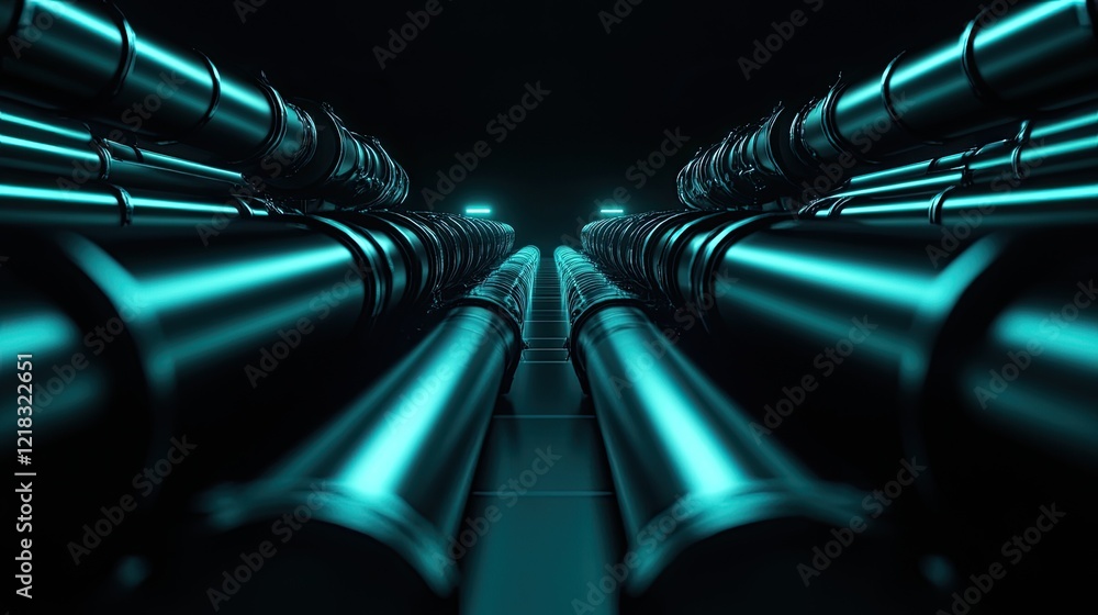 Poster minimalist rendering of futuristic glowing pipelines interconnected over a black reflective surface.