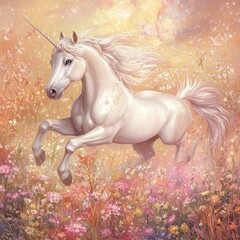 White Unicorn Galloping Through A Floral Meadow