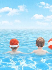 A Little Boy's First Swim Learning with Support - Two young boys learn to swim together, supported by flotation devices.  The scene evokes feelings of summer, friendship, and learning.  Safety, fun, a