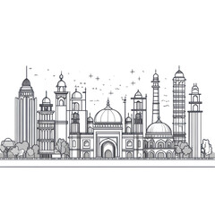 Fototapeta premium Monochrome Skyline of Iconic Indian Architecture Monuments and Modern Buildings,