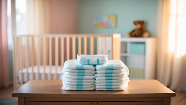A stack of baby diapers placed on a changing table in a softly lit kid's bedroom. The blurred background shows morning rays highlighting a cozy space of the room.