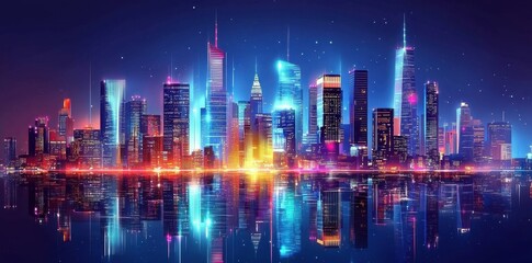 Obraz premium Vibrant Neon Cityscape Reflecting in Calm Waters at Night