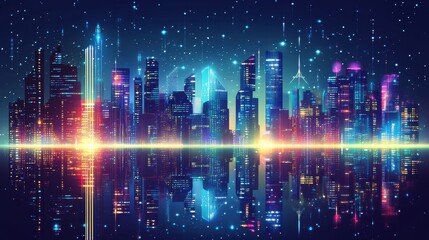 Neon Cityscape Reflecting in Still Water at Night