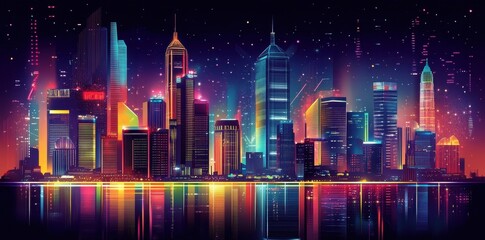 Fototapeta premium Neon Cityscape at Night Glowing Skyscrapers Reflecting Light
