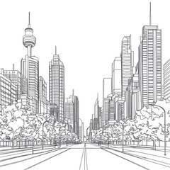 Cityscape sketch skyscrapers road trees night view