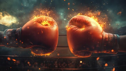 Two boxing gloves on fire in the center of a boxing ring, with an epic background featuring smoke and sparks flying around.