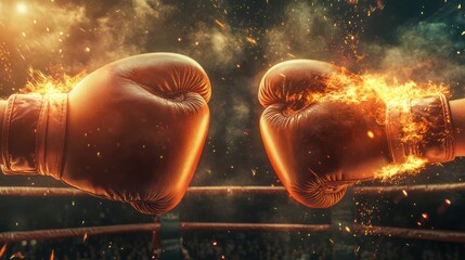 Two boxing gloves on fire in the center of a boxing ring, with an epic background featuring smoke and sparks flying around.