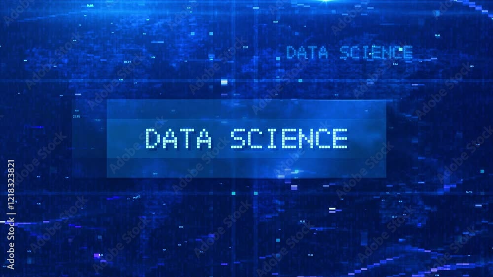 Aufkleber data science digital text animation over futuristic world map and hud effects