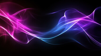 Abstract flowing pink and blue light waves on black background.