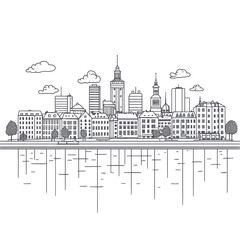 Cityscape at Nightline art style buildings reflection water trees clouds