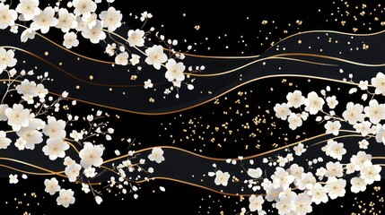 Elegant Cherry Blossoms on Black and Gold Waves
