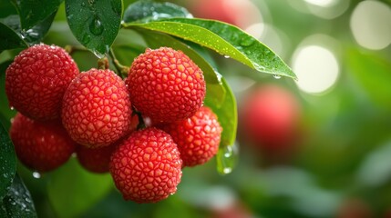 Red rambutan fruits and lychees hanging from a tree with vibrant colors in a natural setting