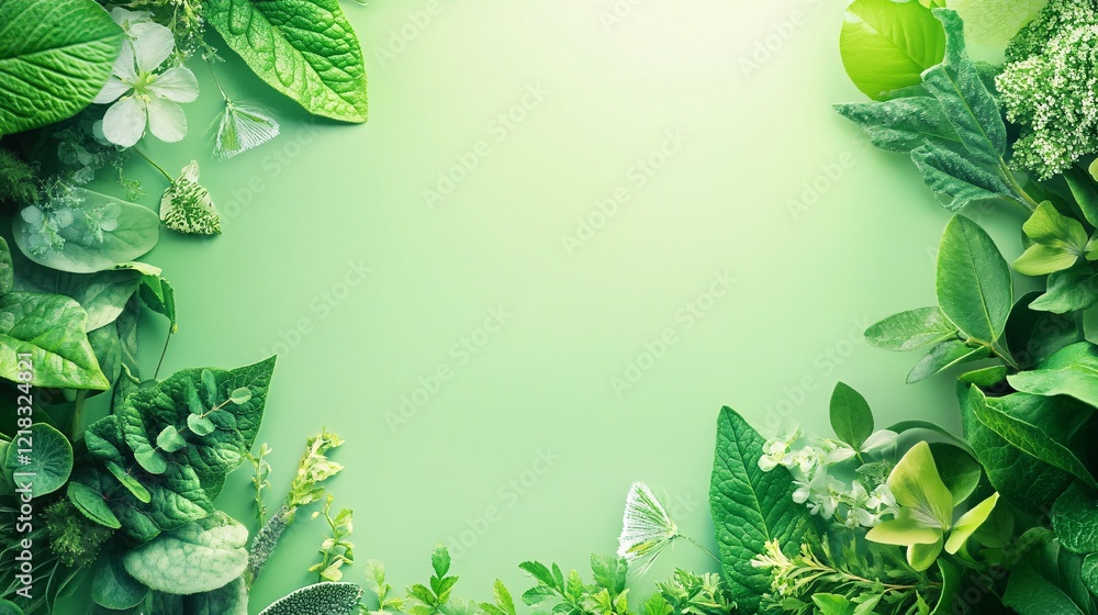 Poster green leaves and flowers creating a frame on green background