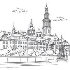 Obraz premium Gdansk Old Town waterfront sketch black and white cityscape illustration