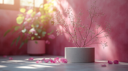 A professional product photography setup in a clean studio environment. Features a minimal and elegant aesthetic with soft pastel tones of pink and cream. The background is smooth and evenly lit with 