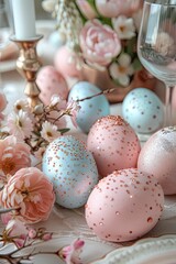 Eggs painted in light pastel colors with sequins and beads, laid out on a festive table