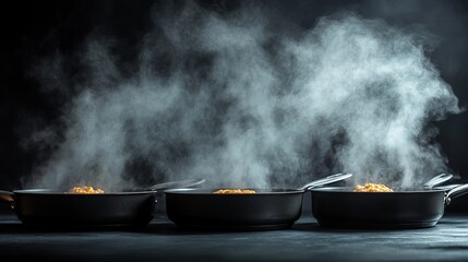 Three Pans of Steaming Food on a Kitchen Stove Creating a Cozy Atmosphere with Warmth and Comfort Inviting Culinary Creativity and Delicious Flavors for Home Cooking Enthusiasts