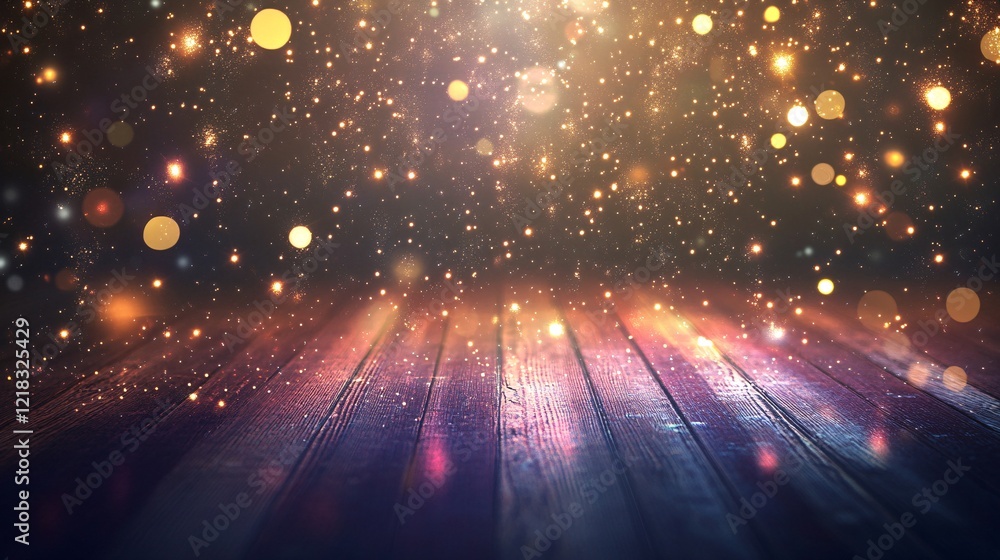 Poster golden particles falling on wooden floor creating magical atmosphere