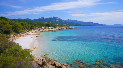 serene beach with clear turquoise water, rocky shoreline, and lush greenery. mountains in background add to picturesque landscape, creating tranquil atmosphere