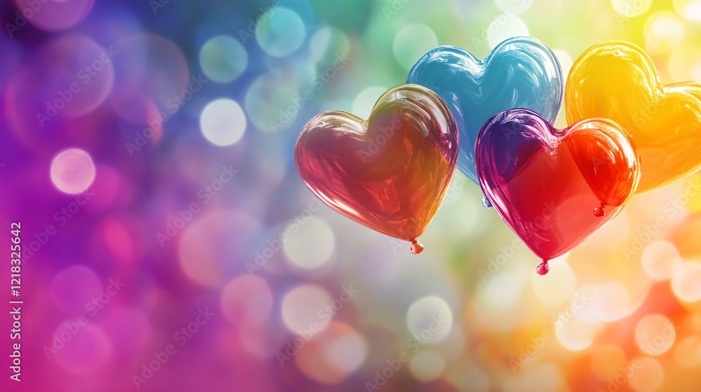 Poster colorful heart balloons floating on a blurred sparkling background