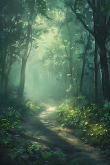 Obraz premium Misty Morning in an Enchanted Forest: Sunlight Breaking Through the Trees