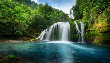 Panoramic beautiful deep forest waterfall. Generated image